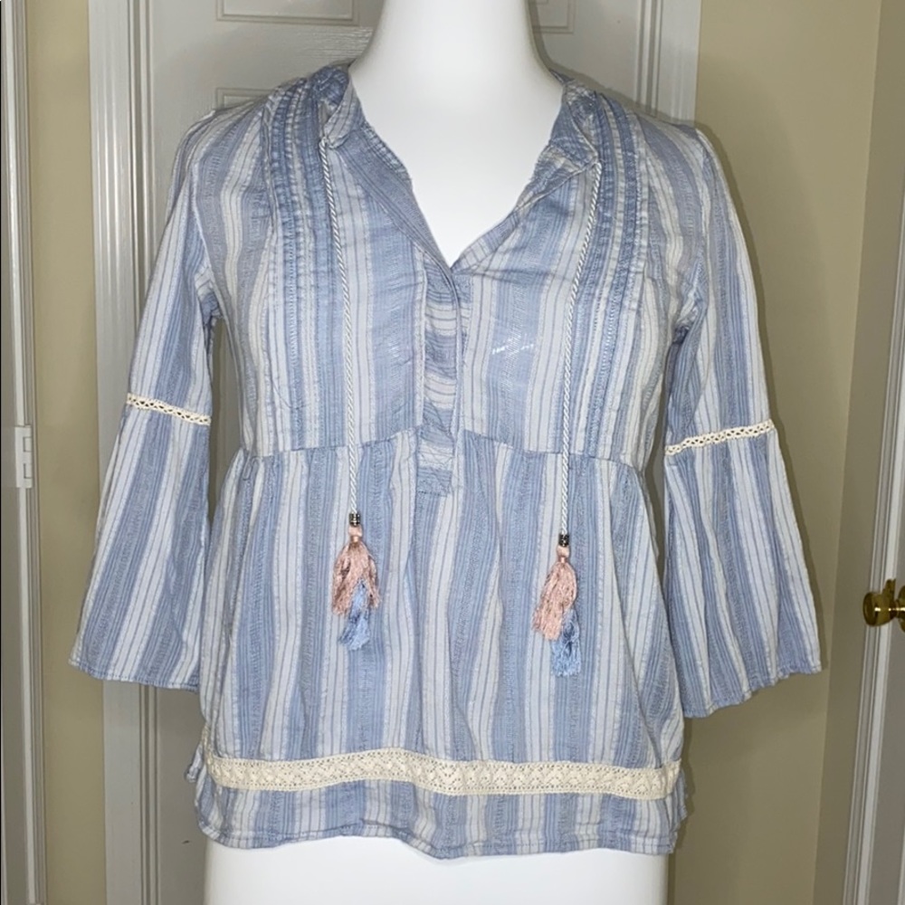 Knox Rose Peasant Blue and Creme Striped Top